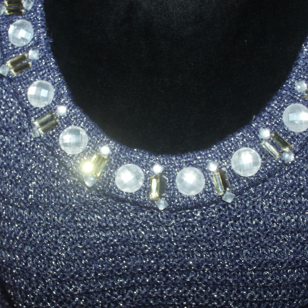 RUBY RD. NAVY BLUE SILVER BEADED NECKLINE PULL OVER FRINGE SWEATER 1X EUC - Picture 2 of 5